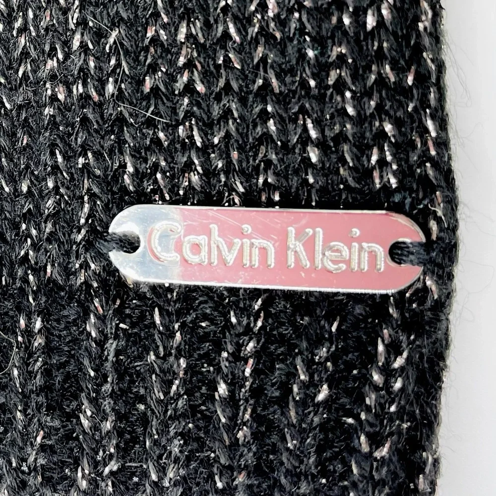 90’s Calvin Klein LOGO WOVEN scarf in black gold silver metallic knit embossed